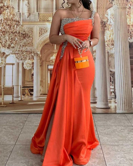 Mermaid One Shoulder Orange Prom Dresses Beaded Split