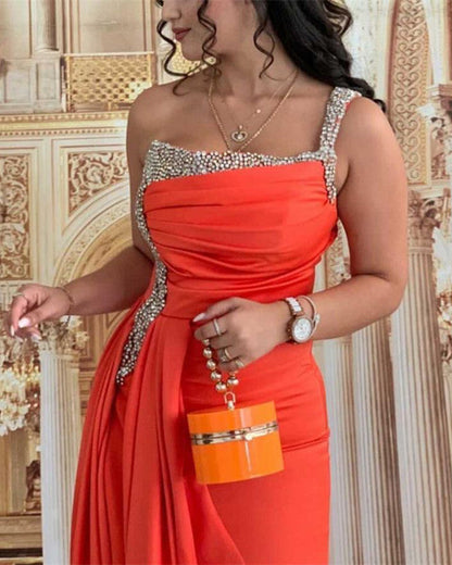 Mermaid One Shoulder Orange Prom Dresses Beaded Split