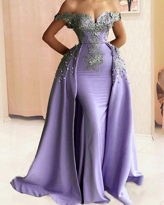 Mermaid Evening Dress Off Shoulder Silver Lace Embroidery