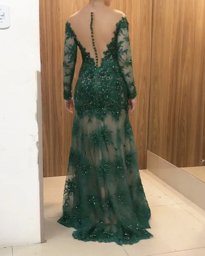 Long Sleeves Lace Mermaid Prom Dresses Sheer Neck