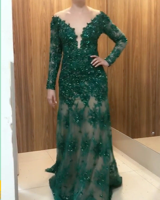 Long Sleeves Lace Mermaid Prom Dresses Sheer Neck