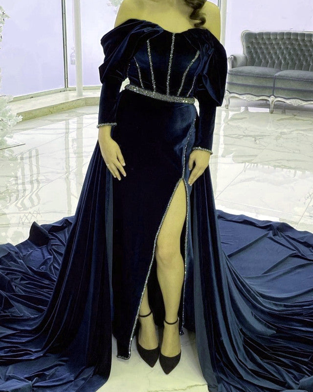 Long Sleeves Velvet Mermaid Dresses With Slit