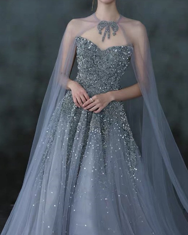 Silver Tulle Wedding Dress With Cape
