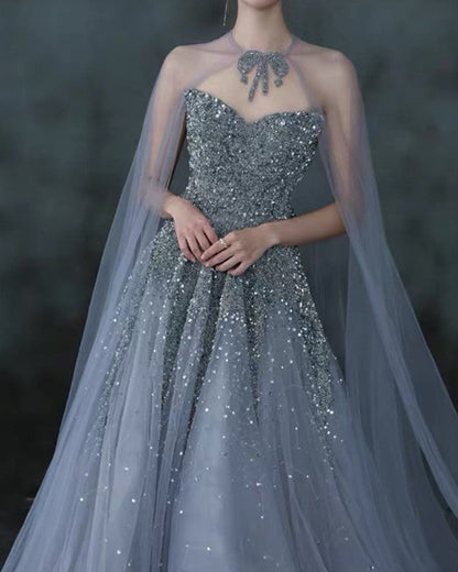 Silver Tulle Wedding Dress With Cape