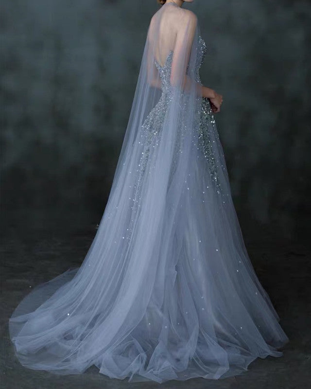Silver Tulle Wedding Dress With Cape