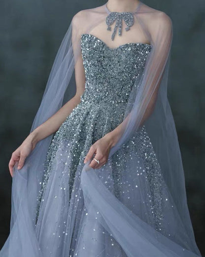 Silver Tulle Wedding Dress With Cape