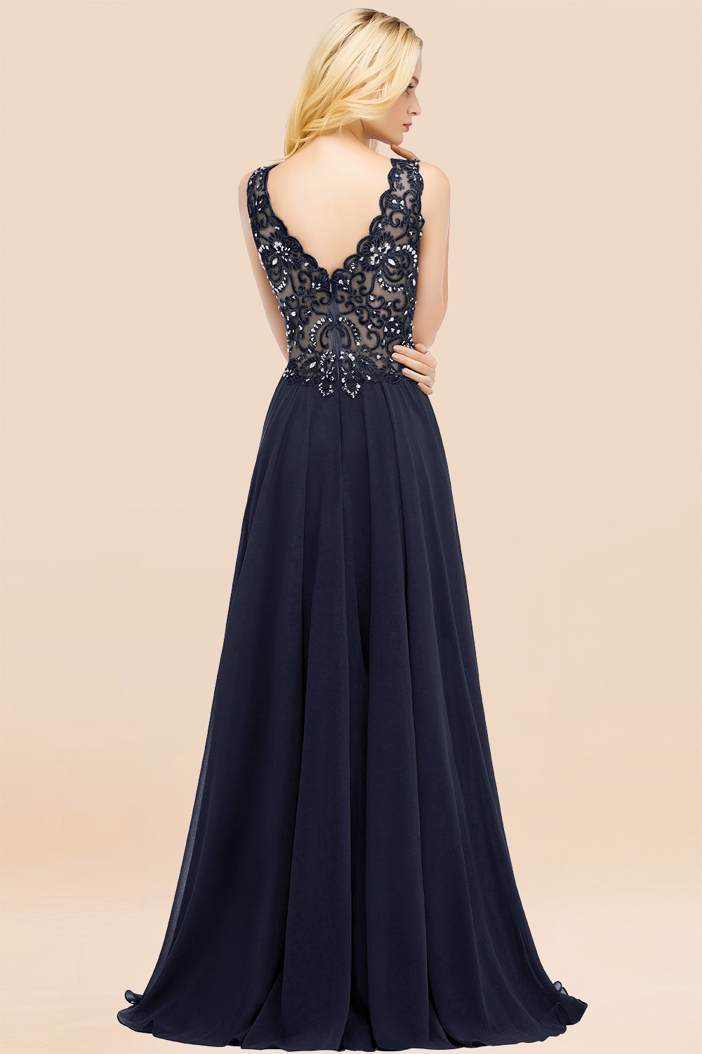 Elegant V-Neck Chiffon Aline Bridesmaid Dress Sleeveless Lace Beadings Wedding Guest Dress