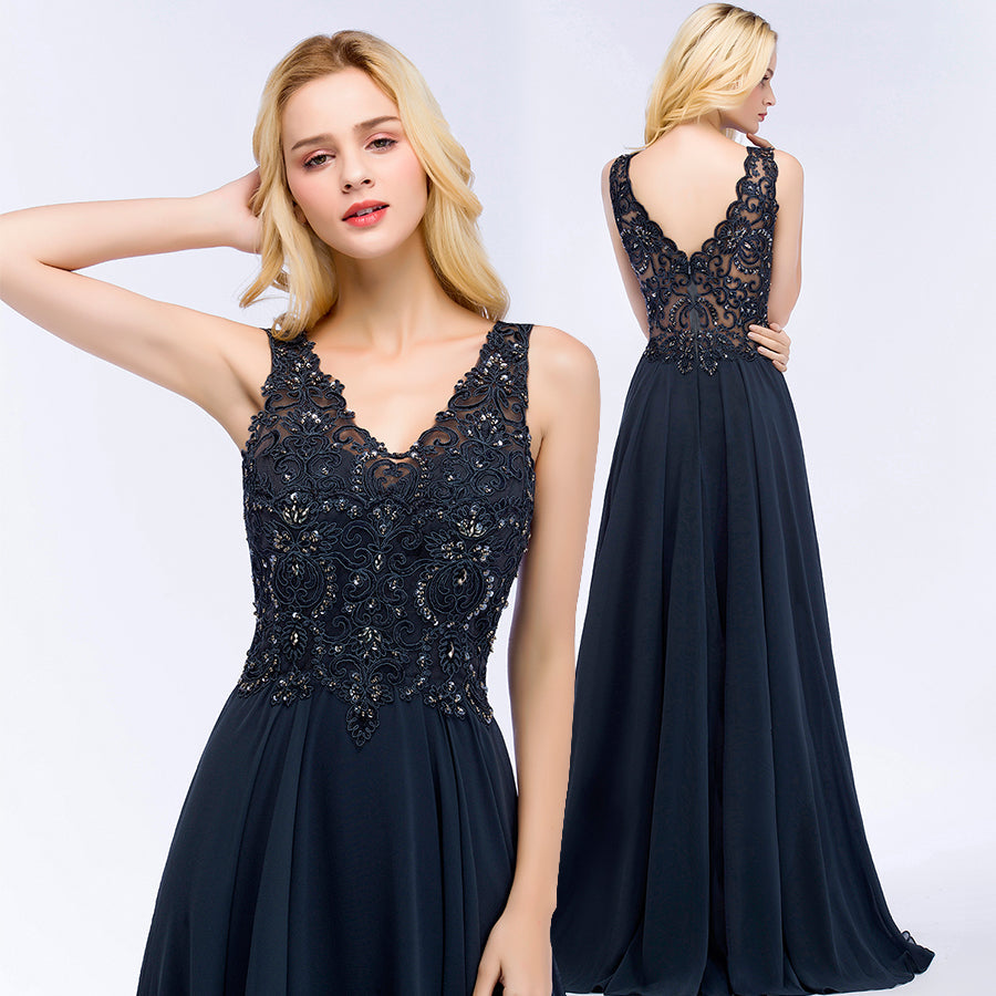 Elegant V-Neck Chiffon Aline Bridesmaid Dress Sleeveless Lace Beadings Wedding Guest Dress
