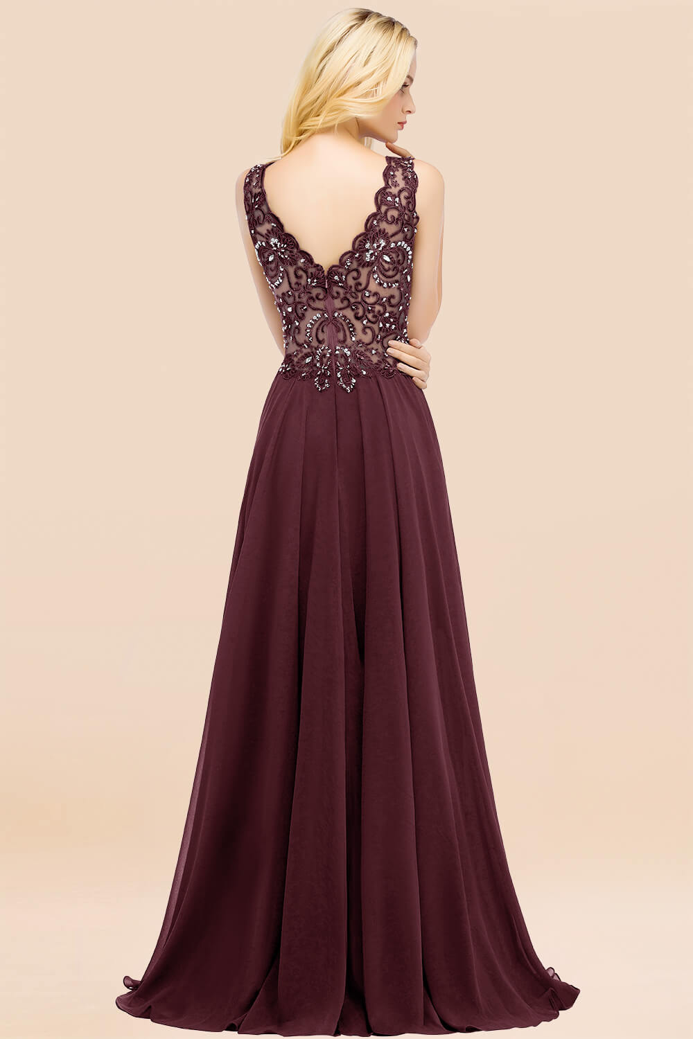 Elegant V-Neck Chiffon Aline Bridesmaid Dress Sleeveless Lace Beadings Wedding Guest Dress