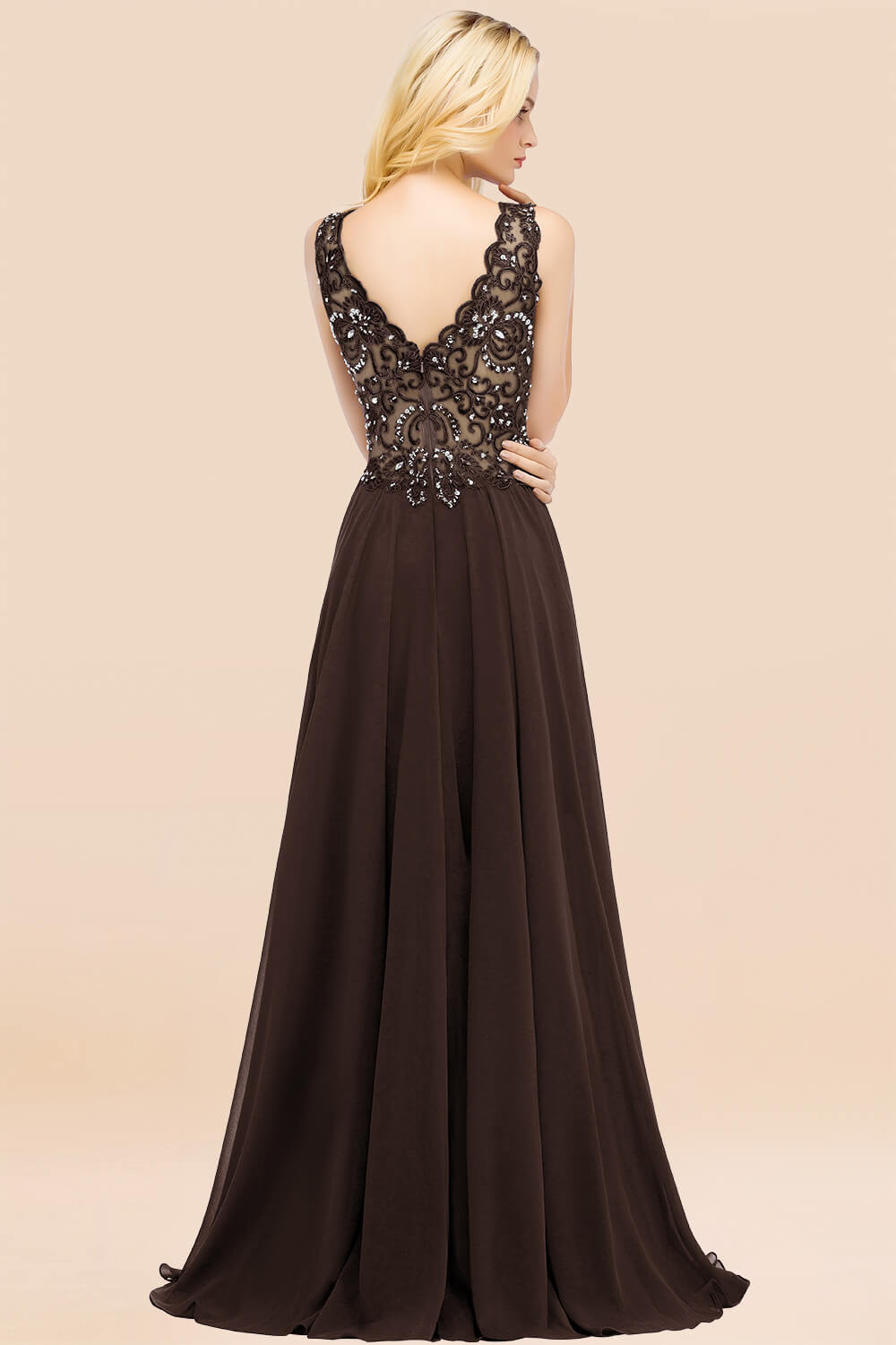 Elegant V-Neck Chiffon Aline Bridesmaid Dress Sleeveless Lace Beadings Wedding Guest Dress