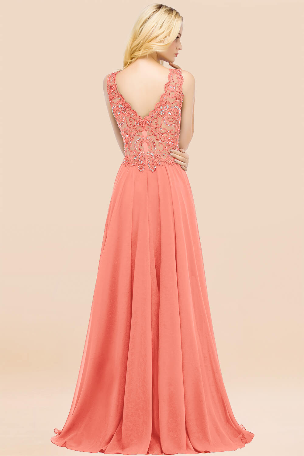 Elegant V-Neck Chiffon Aline Bridesmaid Dress Sleeveless Lace Beadings Wedding Guest Dress