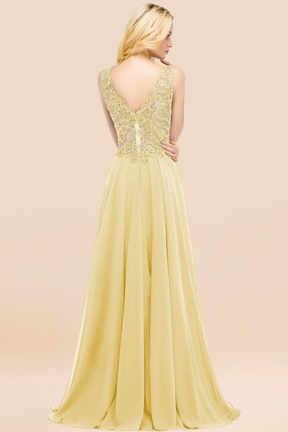 Elegant V-Neck Chiffon Aline Bridesmaid Dress Sleeveless Lace Beadings Wedding Guest Dress