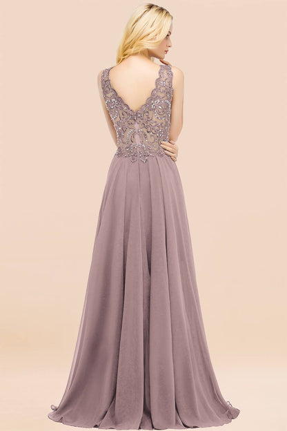 Elegant V-Neck Chiffon Aline Bridesmaid Dress Sleeveless Lace Beadings Wedding Guest Dress