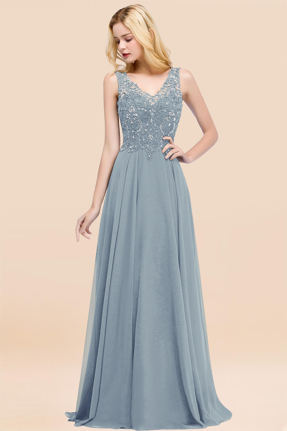 Elegant V-Neck Chiffon Aline Bridesmaid Dress Sleeveless Lace Beadings Wedding Guest Dress