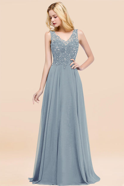 Elegant V-Neck Chiffon Aline Bridesmaid Dress Sleeveless Lace Beadings Wedding Guest Dress