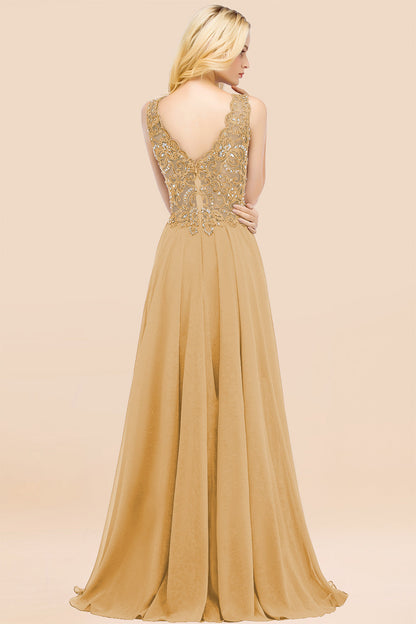 Elegant V-Neck Chiffon Aline Bridesmaid Dress Sleeveless Lace Beadings Wedding Guest Dress