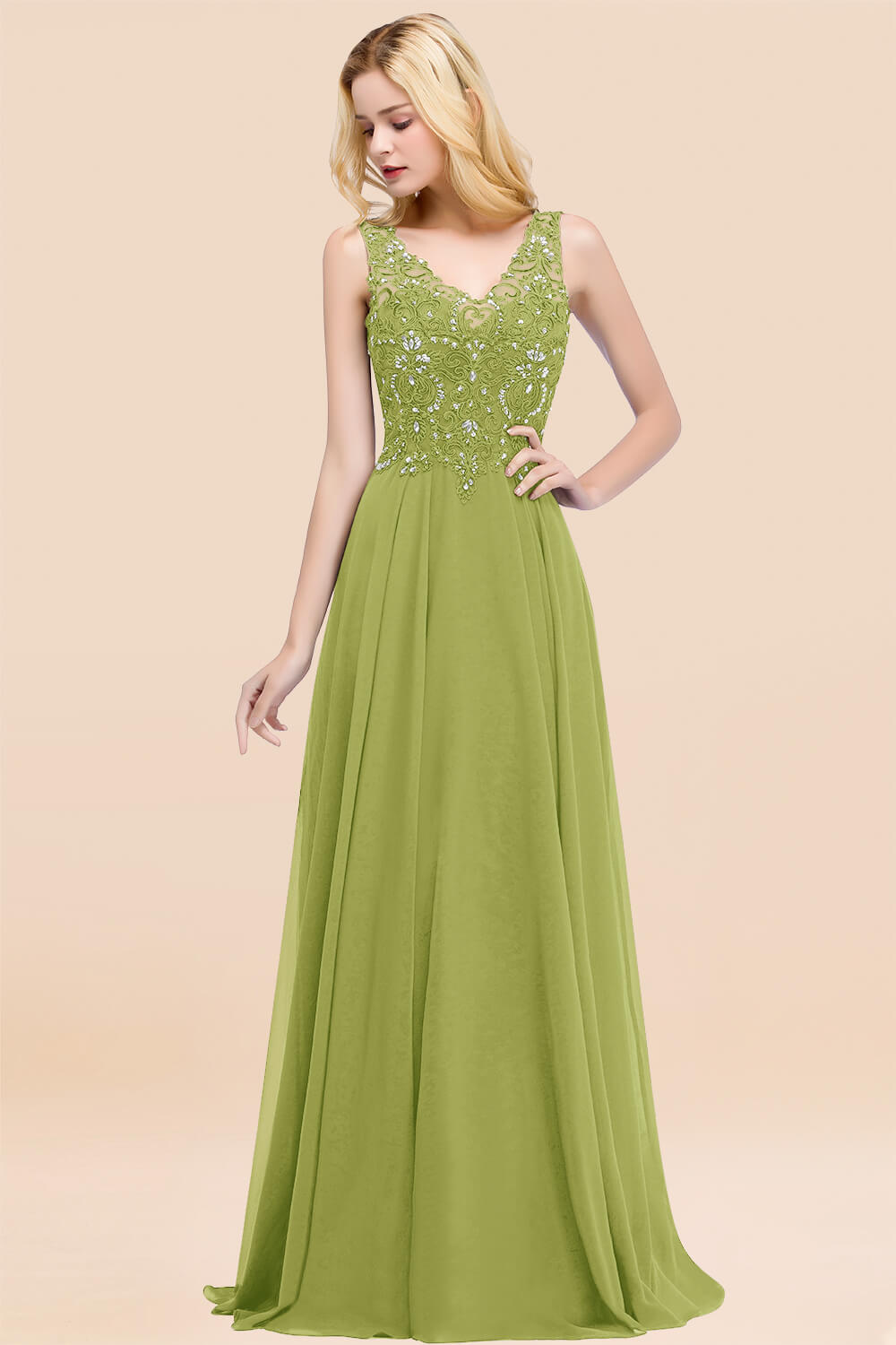 Elegant V-Neck Chiffon Aline Bridesmaid Dress Sleeveless Lace Beadings Wedding Guest Dress