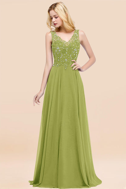 Elegant V-Neck Chiffon Aline Bridesmaid Dress Sleeveless Lace Beadings Wedding Guest Dress