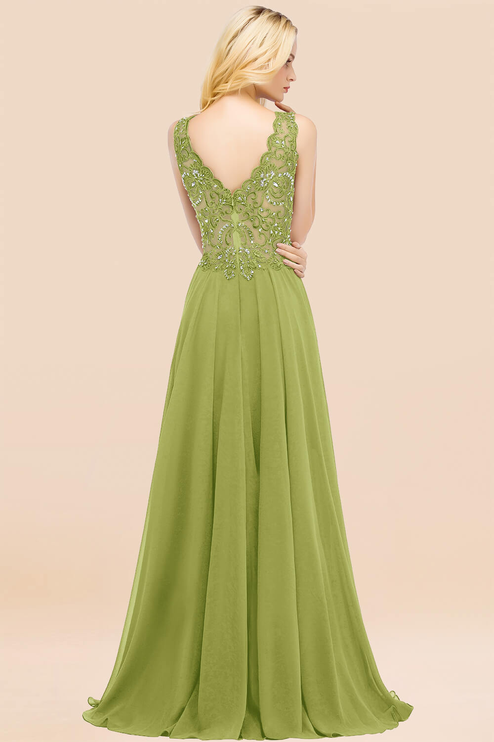 Elegant V-Neck Chiffon Aline Bridesmaid Dress Sleeveless Lace Beadings Wedding Guest Dress