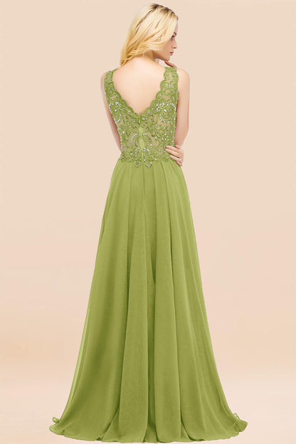 Elegant V-Neck Chiffon Aline Bridesmaid Dress Sleeveless Lace Beadings Wedding Guest Dress