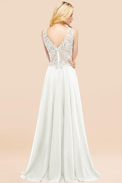 Elegant V-Neck Chiffon Aline Bridesmaid Dress Sleeveless Lace Beadings Wedding Guest Dress