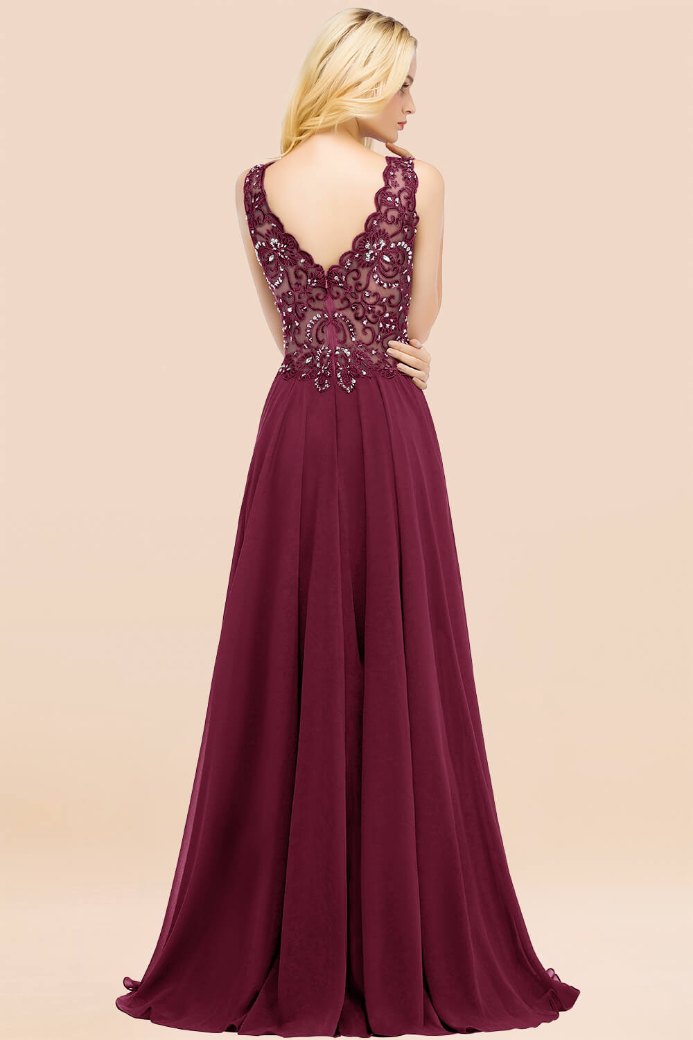 Elegant V-Neck Chiffon Aline Bridesmaid Dress Sleeveless Lace Beadings Wedding Guest Dress