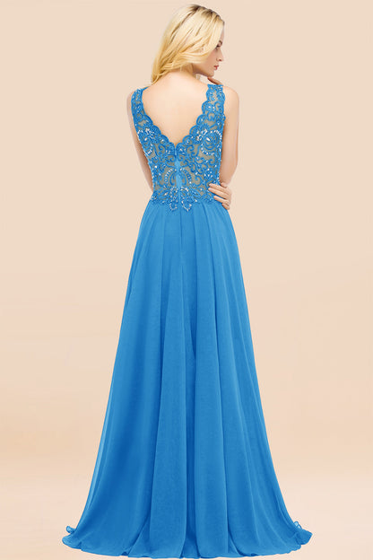 Elegant V-Neck Chiffon Aline Bridesmaid Dress Sleeveless Lace Beadings Wedding Guest Dress