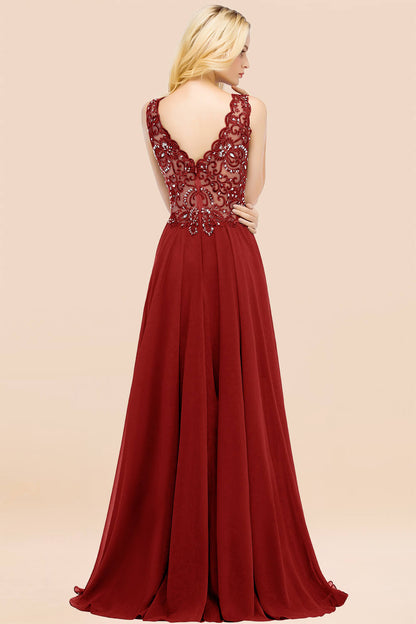 Elegant V-Neck Chiffon Aline Bridesmaid Dress Sleeveless Lace Beadings Wedding Guest Dress