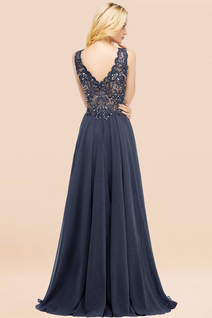 Elegant V-Neck Chiffon Aline Bridesmaid Dress Sleeveless Lace Beadings Wedding Guest Dress