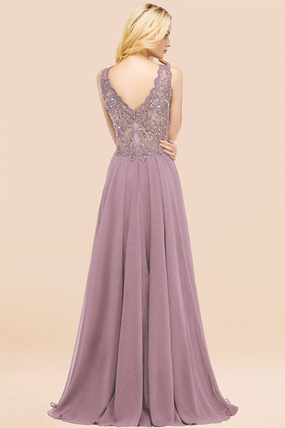 Elegant V-Neck Chiffon Aline Bridesmaid Dress Sleeveless Lace Beadings Wedding Guest Dress