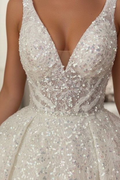 Aline Sleeveless Front Split Wedding Dress V-neck Sequins Bridal Dress