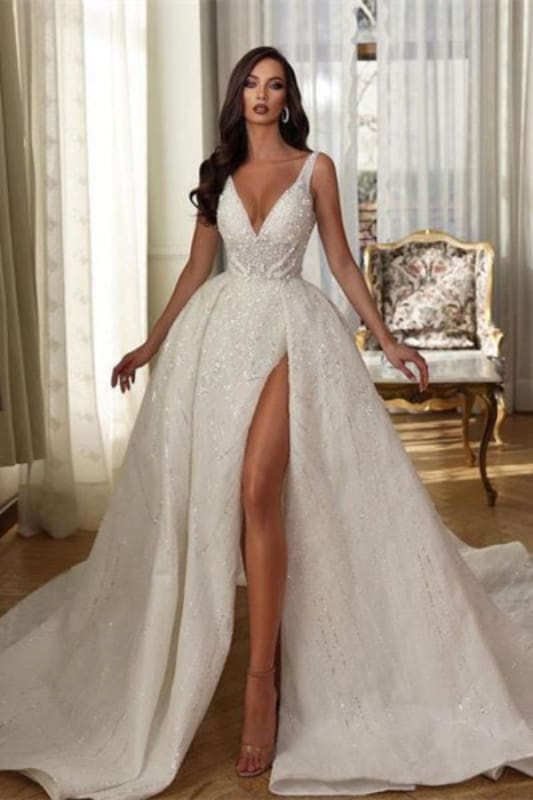 Aline Sleeveless Front Split Wedding Dress V-neck Sequins Bridal Dress