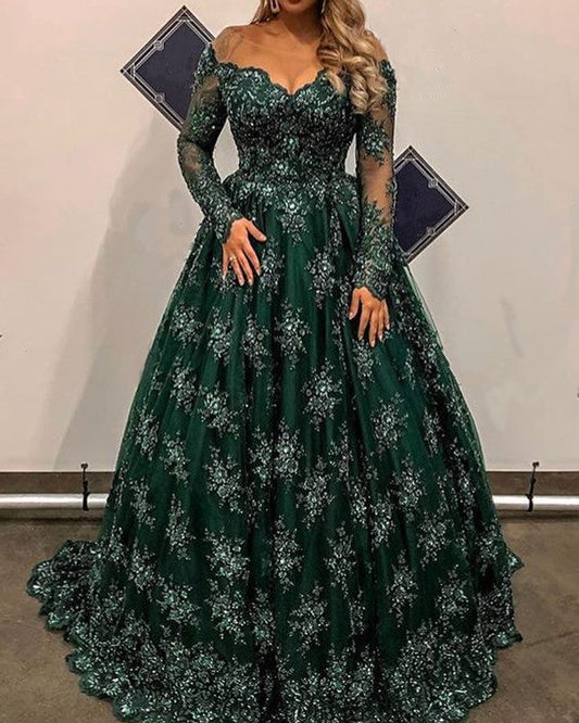Lace Prom Dresses Long Sleeve Illusion Neckline