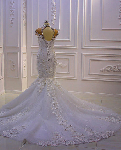 Amazing High Neck Crystal Long Mermaid Wedding Dress With Lace Appliques