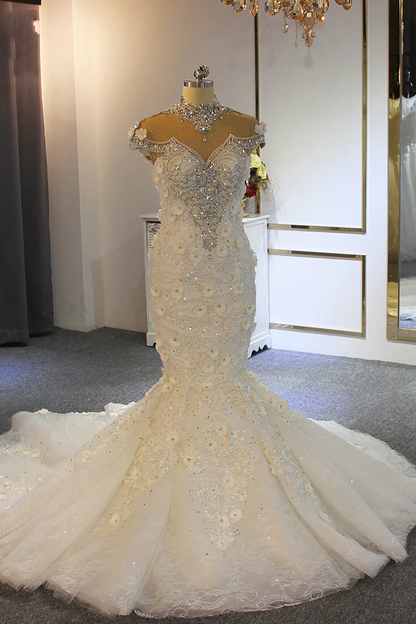 Amazing High Neck Crystal Long Mermaid Wedding Dress With Lace Appliques