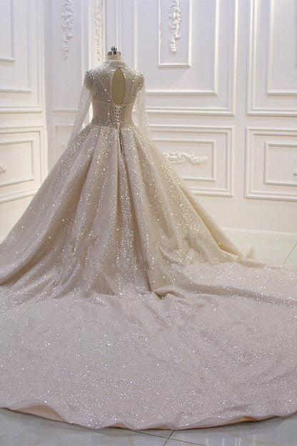 Amazing High-neck Long Sleeves Ball Gown Wedding Dress with Sequins
