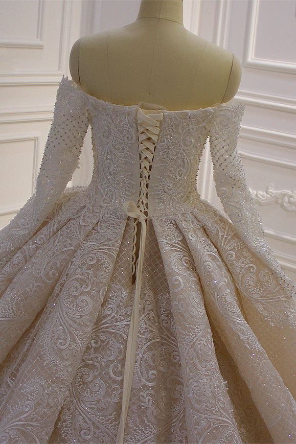 Amazing Long Sleeves Ball Gown Wedding Dress With Lace Appliques