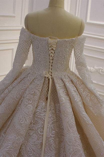 Amazing Long Sleeves Ball Gown Wedding Dress With Lace Appliques
