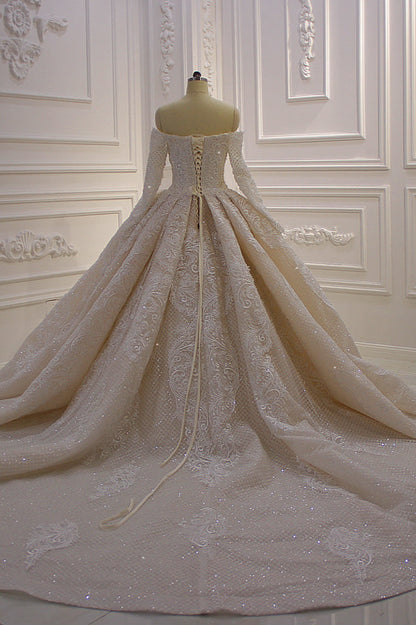 Amazing Long Sleeves Ball Gown Wedding Dress With Lace Appliques