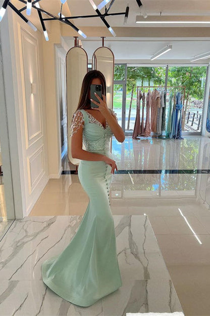 Amazing Mint Green Cap Sleeves Prom Dress Long with Beads