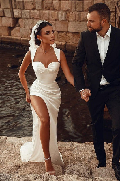 Amazing White Mermaid Wedding Dress - Sweetheart Side Slit