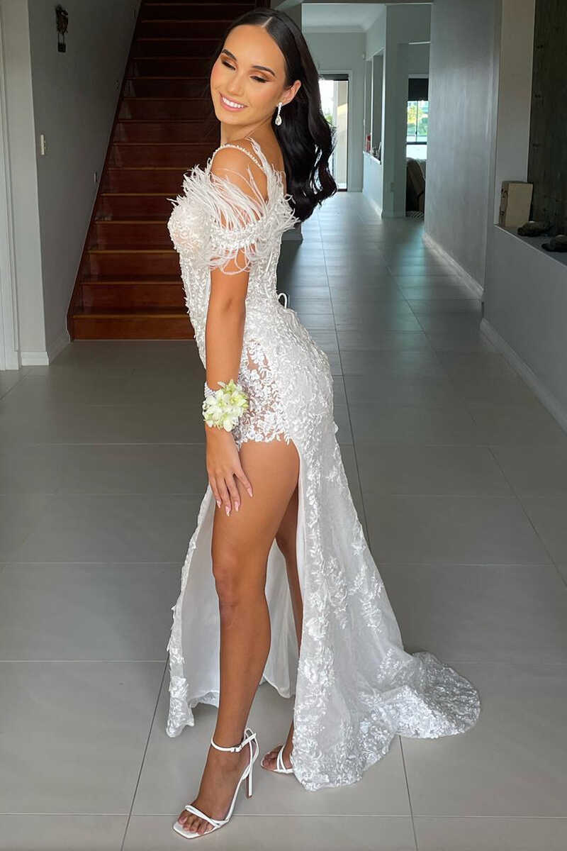 Blue Sequin Appliques Cold-Shoulder Long Prom Gown with Slit