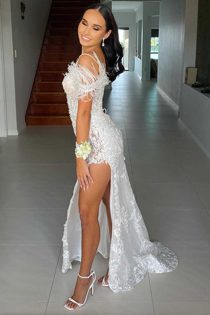 Blue Sequin Appliques Cold-Shoulder Long Prom Gown with Slit