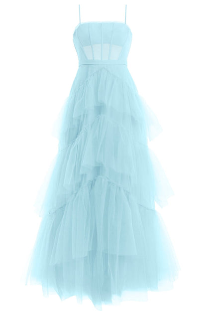 Hot Pink Straps Tiered A-Line Long Prom Dress