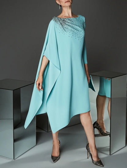 Aimishang Sheath / Column Mother of the Bride Dress Plus Size Elegant Bateau Neck Knee Length Stretch Satin Half Sleeve with Beading