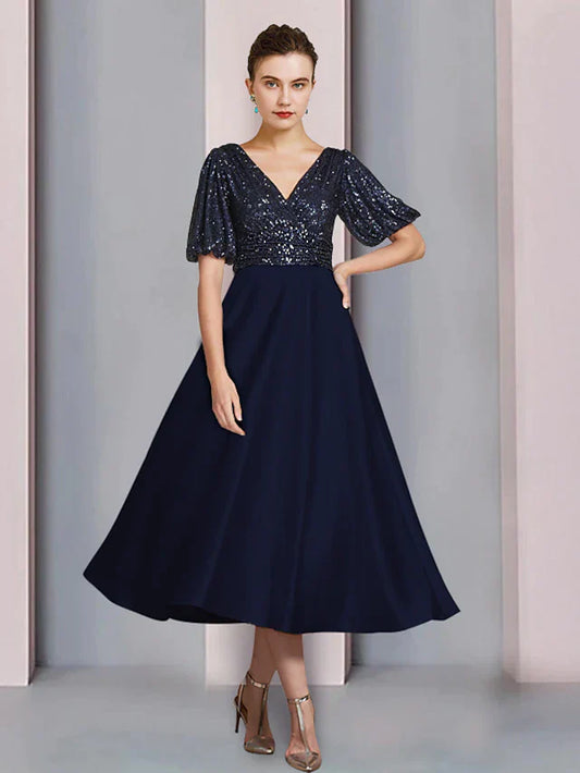 Sheath / Column Mother of the Bride Dress Wedding Guest Party Sparkle & Shine V Neck Asymmetrical Chiffon Sequined Short Sleeve with Pleats Solid Color