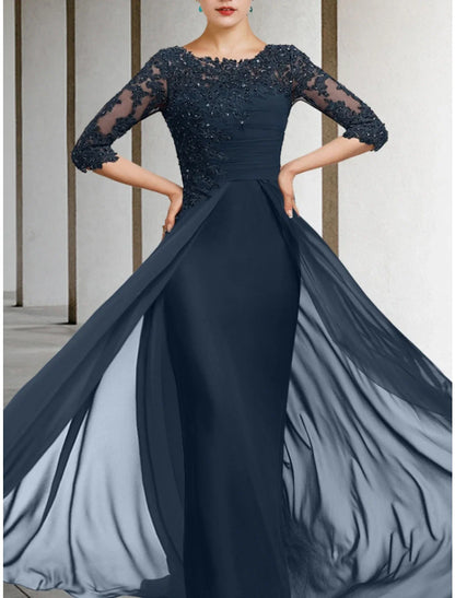 Aimishang Sheath / Column Mother of the Bride Dress Wedding Guest Elegant Jewel Neck Floor Length Chiffon Lace Half Sleeve with Sequin Ruching Solid Color