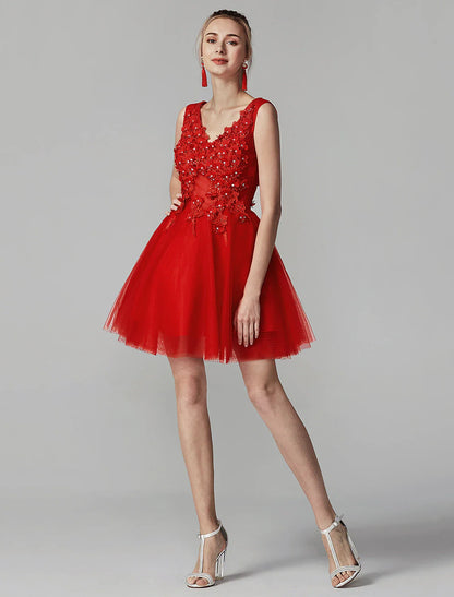 A-Line Party Dress Wedding Guest Homecoming Short / Mini Sleeveless V Neck Lace Over Tulle with Crystals Appliques