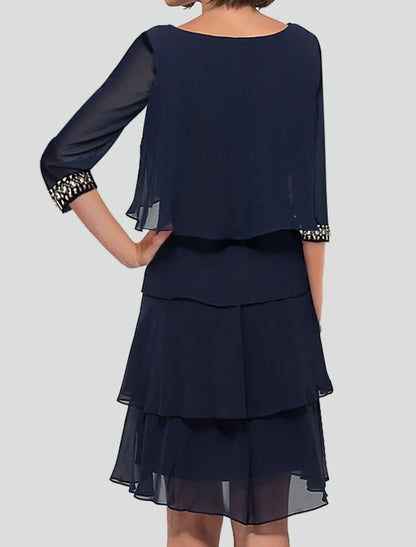 Sheath Party Dress Cocktail Dresses Tiered Plisse Dress Semi Formal Knee Length Half Sleeve Jewel Neck Fall Wedding Guest Chiffon with Rhinestone Ruffles 2025