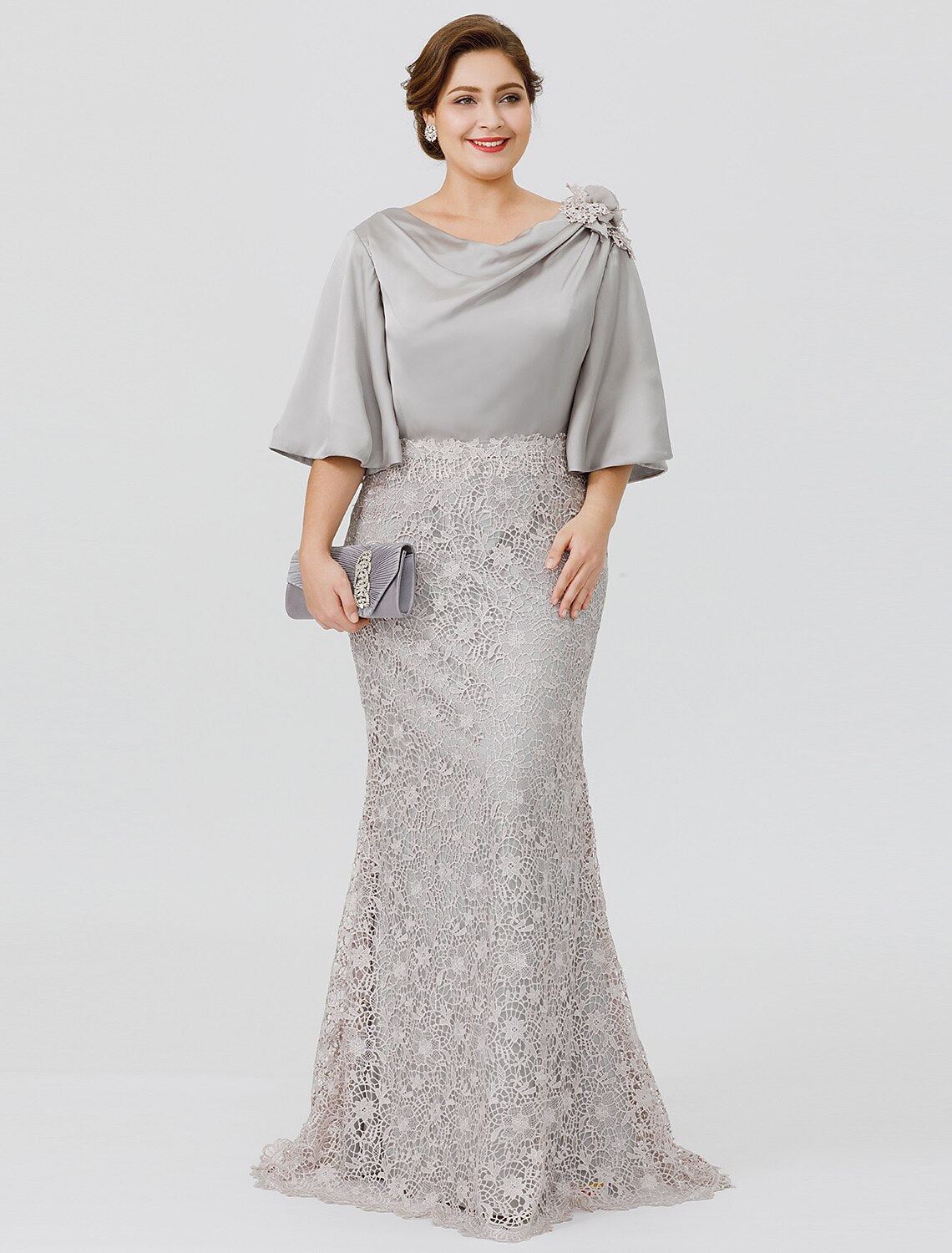 Aimishang Mermaid / Trumpet Mother of the Bride Dress Plus Size Sexy Cowl Neck Sweep / Brush Train Satin Chiffon Lace Over Satin Half Sleeve No with Appliques